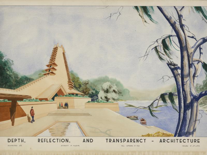 A painting labeled "Depth, Reflection, and Transparency - Architecture"