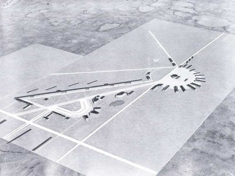 An architectural model depicting a modern farmyard layout