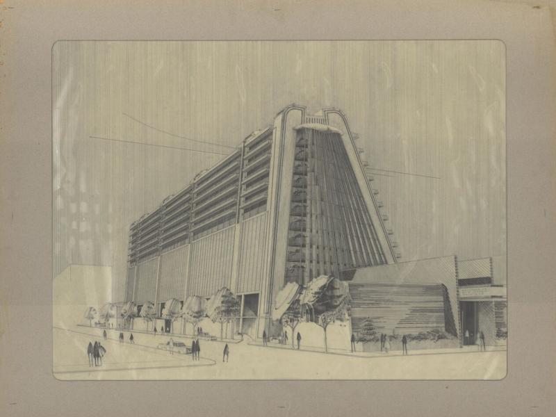 A perspective drawing of Vincent Mancini's theatre on the prairie
